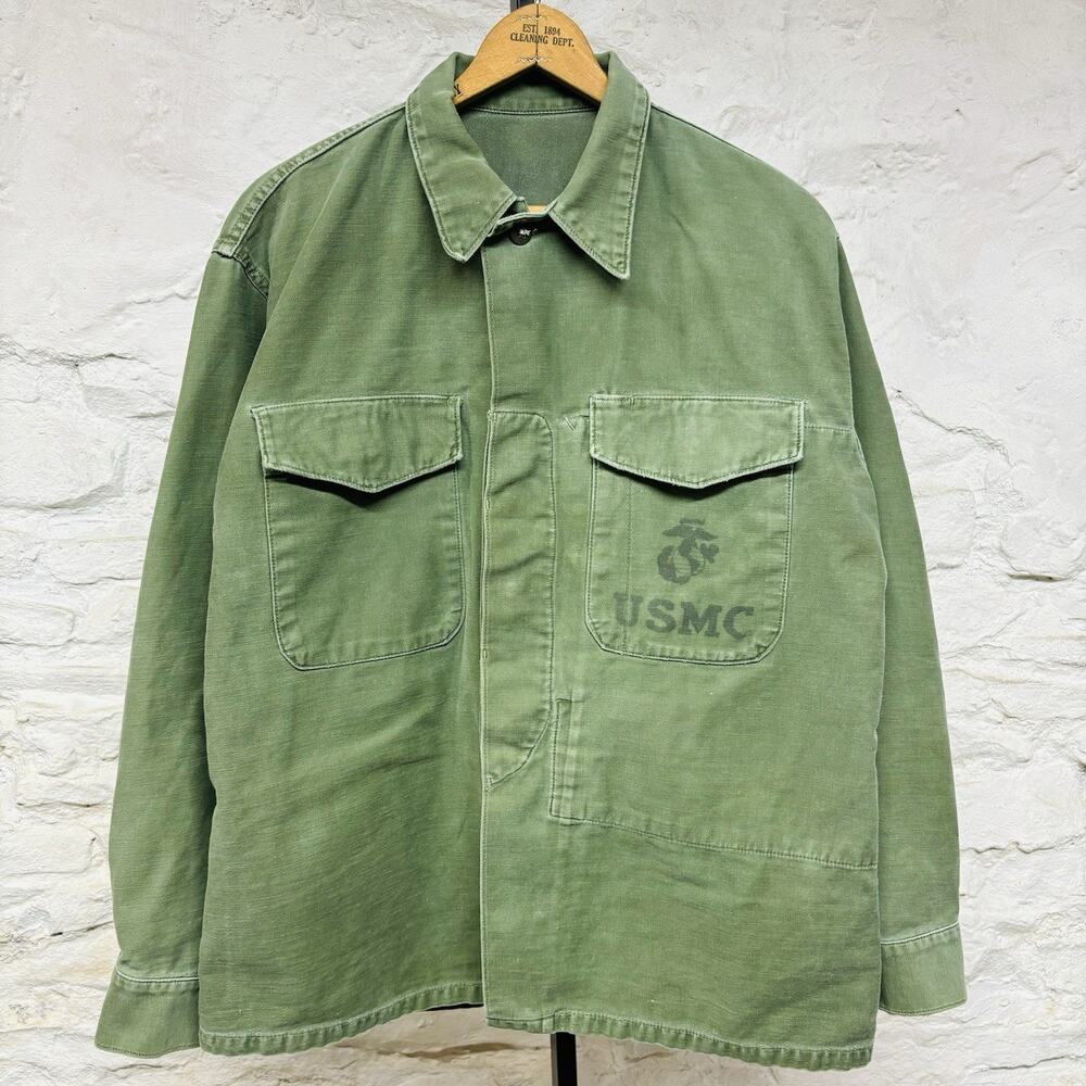 Vintage 60s USMC P56 OG-107 Utility Button Up Shirt Mens Large Military Stencil